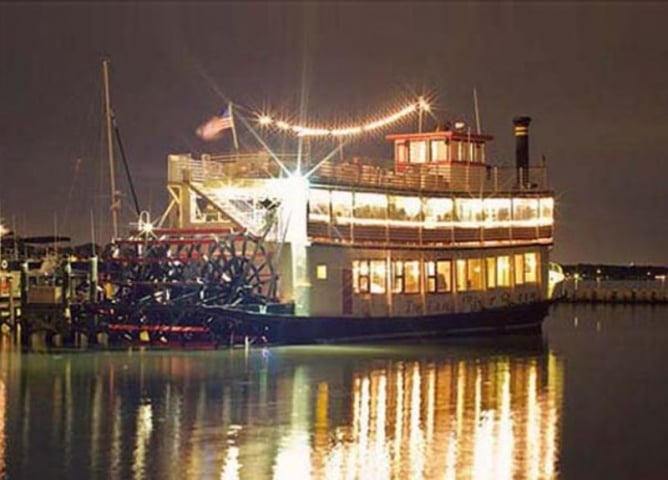 Indian River Queen Paddle Boat Evening Lit up and Docked