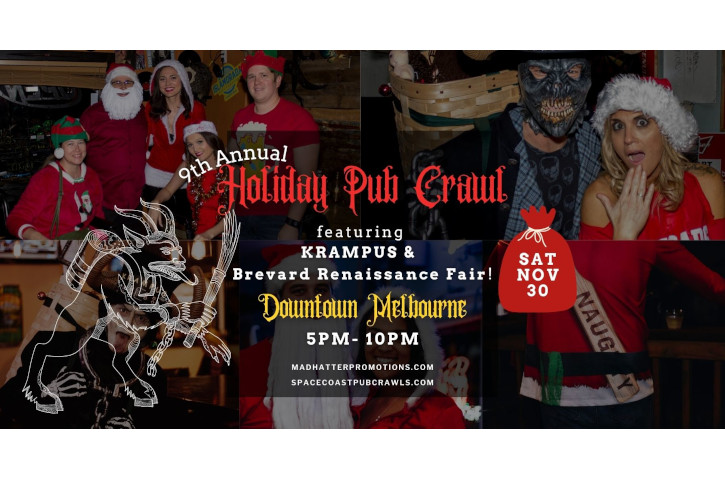 9th Annual Holiday Pub Crawl Downtown Melbourne 2024 featuring KRAMPUS & the Brevard Renaissance Fair Flyer