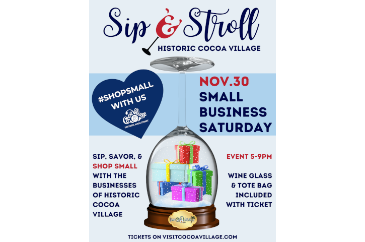 Cocoa Village Sip & Stroll Shop Small Saturday Flyer